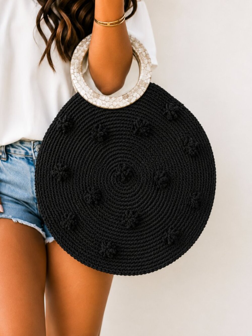 Kayu Crochet Tote Mother of Pearl Ring Handle Bobble Black Artisan Philippines